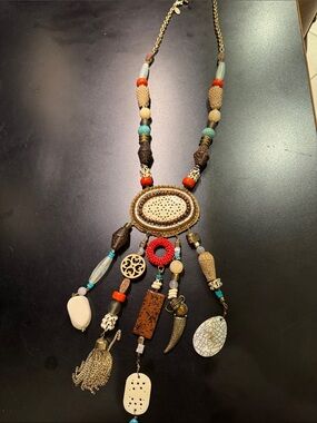 Soft Surroundings Boho Multi-Bead Statement Necklace in Red, Turquoise, Cream